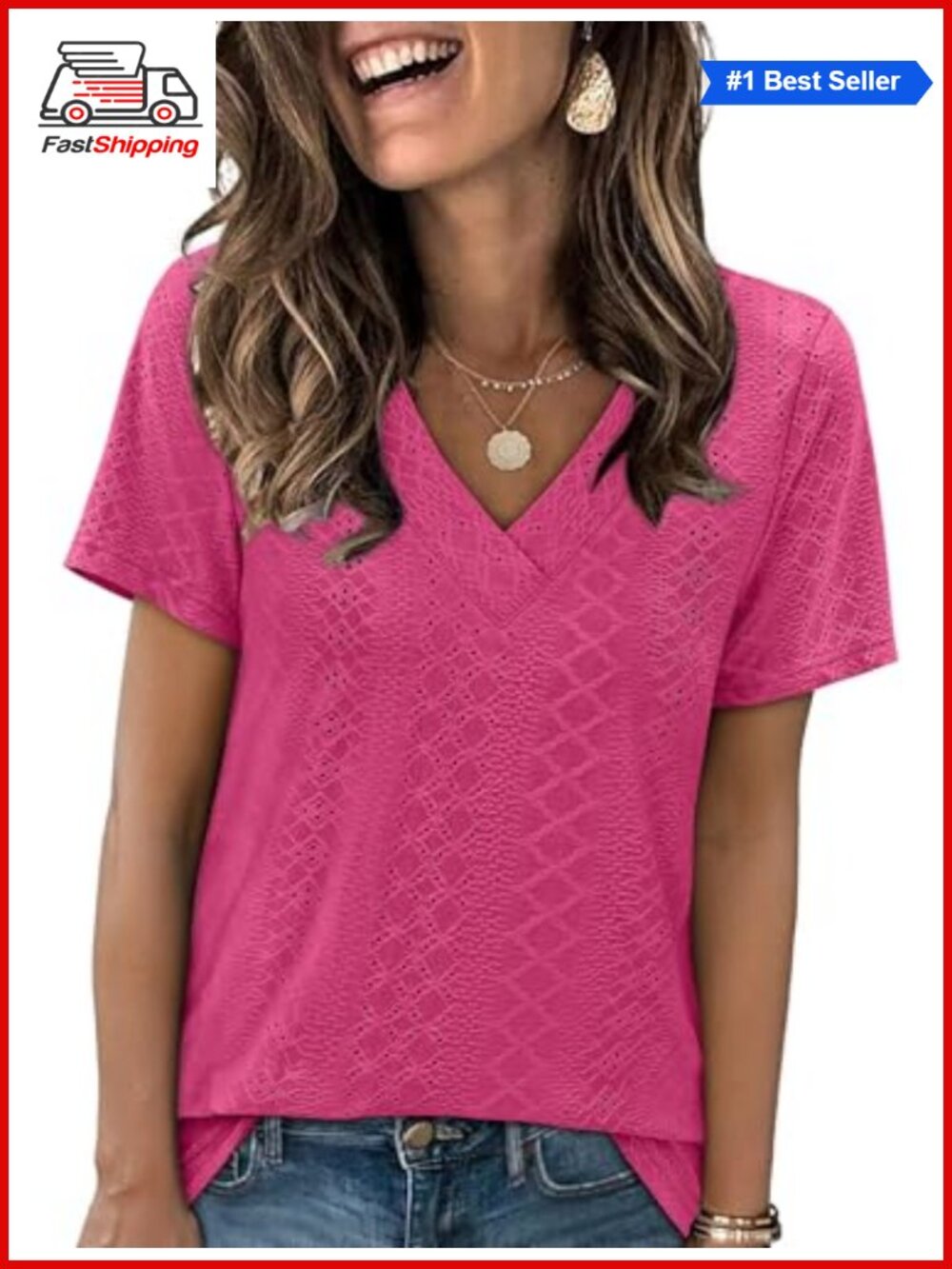 β¨ Women's Eyelet Crossed V Neck Short Sleeve T-Shirt Textured Lace Top